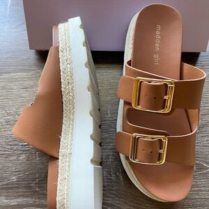 Madden Girl Tan Slide Sandals with Gold Buckles